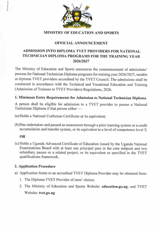 Admission into Diploma TVET Providers for National Technician Diploma Programs for  the Training Year 2026/2027