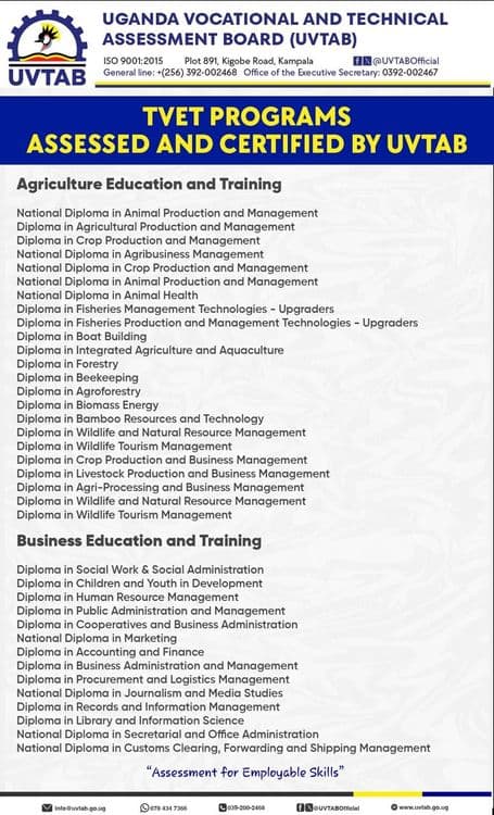 TVET Programs Assessed and Certified by UVTAB.